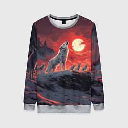 Свитшот женский Волк воет на красную луну, цвет: 3D-меланж