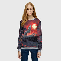 Свитшот женский Волк воет на красную луну, цвет: 3D-меланж — фото 2