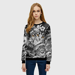 Свитшот женский С котами и рыбой на фоне сакуры в волнах, цвет: 3D-черный — фото 2