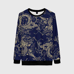 Свитшот женский Золотые драконы на синем, цвет: 3D-черный