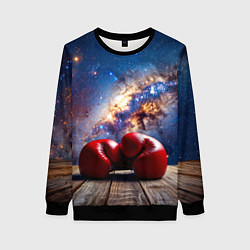 Свитшот женский Боксерские перчатки в космосе, цвет: 3D-черный