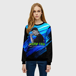 Свитшот женский Юрий Хой синий фон красками, цвет: 3D-черный — фото 2