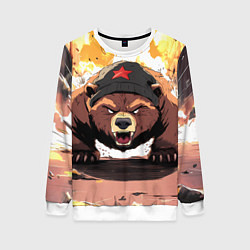 Свитшот женский Злой русский медведь с пилоткой на голове, цвет: 3D-белый
