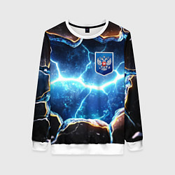 Свитшот женский Синие неоновые плиты и герб РФ, цвет: 3D-белый