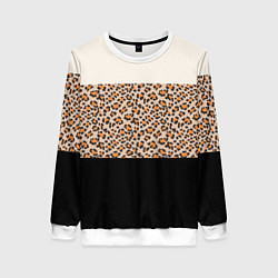 Свитшот женский Леопардовый паттерн с черной и бежевой полосой, цвет: 3D-белый