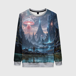 Свитшот женский Фантастический мир с медузами и озеро у гор, цвет: 3D-меланж