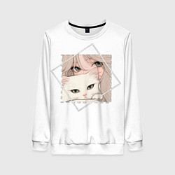 Свитшот женский Anime сat and girl, цвет: 3D-белый