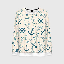 Женский свитшот Морской паттерн из штурвалов, чаек и якорей
