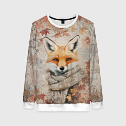 Свитшот женский Лис в шерстяном шарфе, цвет: 3D-белый