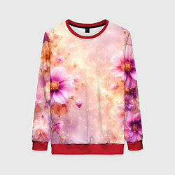 Свитшот женский Нежный розовый цветочный с золотистым свечением, цвет: 3D-красный