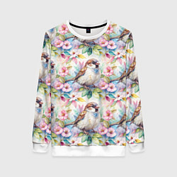 Свитшот женский Воробей в ярких цветах паттерн, цвет: 3D-белый
