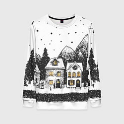 Свитшот женский Черно-белый новогодний город, цвет: 3D-белый