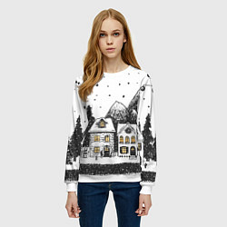 Свитшот женский Черно-белый новогодний город, цвет: 3D-белый — фото 2