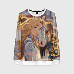 Свитшот женский Блондинка с новогодней лошадкой, цвет: 3D-белый