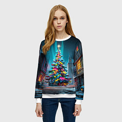 Свитшот женский Новогодняя елка в гирляндах, цвет: 3D-белый — фото 2