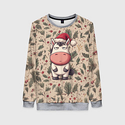 Свитшот женский Новогодняя лошадка на фоне елочных веток, цвет: 3D-меланж