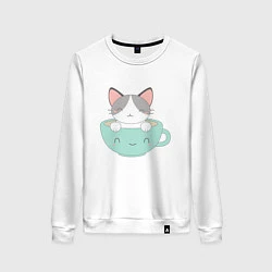 Свитшот хлопковый женский Чайный котик, цвет: белый