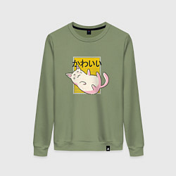 Свитшот хлопковый женский Кавайный кот, цвет: авокадо