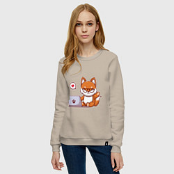 Свитшот хлопковый женский Cute fox and laptop, цвет: миндальный — фото 2