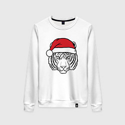 Свитшот хлопковый женский Тигр в новогодней шапке, цвет: белый