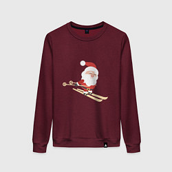 Свитшот хлопковый женский Дед Мороз на лыжах, цвет: меланж-бордовый