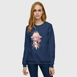 Свитшот хлопковый женский Чиби лисичка Яэ Мико, цвет: тёмно-синий — фото 2