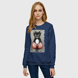 Свитшот хлопковый женский Крутой котяра в боксёрских перчатках Cool cat in b, цвет: тёмно-синий — фото 2