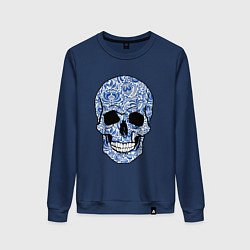 Свитшот хлопковый женский Skull gzhel, цвет: тёмно-синий