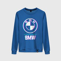 Свитшот хлопковый женский Значок BMW в стиле glitch, цвет: синий
