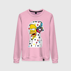 Свитшот хлопковый женский Гомер Симпсон в звёздном балахоне и в наушниках, цвет: светло-розовый