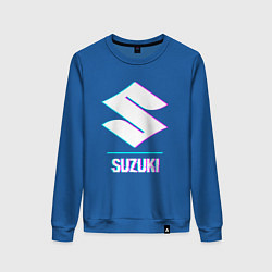 Свитшот хлопковый женский Значок Suzuki в стиле glitch, цвет: синий
