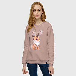 Свитшот хлопковый женский Кролик с рожками - кролик олень, цвет: пыльно-розовый — фото 2
