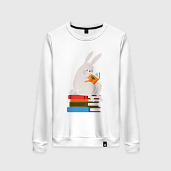 Свитшот хлопковый женский Читающий кролик на книгах, цвет: белый