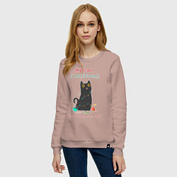Свитшот хлопковый женский Meowy Christmas and a happy purr year, цвет: пыльно-розовый — фото 2