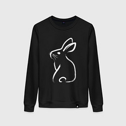 Свитшот хлопковый женский Кролик нарисованный японской кистью, цвет: черный