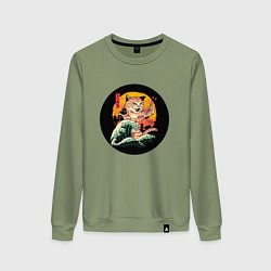 Свитшот хлопковый женский Большой японский кот с суши, цвет: авокадо