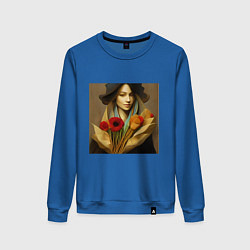 Свитшот хлопковый женский Девушка с цветами в стиле экспрессионизм, дизайн 1, цвет: синий