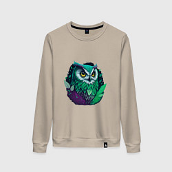 Свитшот хлопковый женский Изумрудная сова, цвет: миндальный
