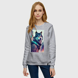 Свитшот хлопковый женский Волк - житель мегаполиса, цвет: меланж — фото 2
