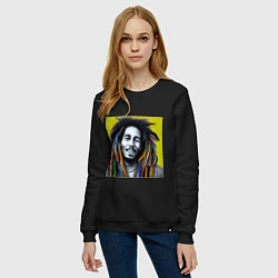 Свитшот хлопковый женский Разноцветные дреды Боба Марли граффити, цвет: черный — фото 2