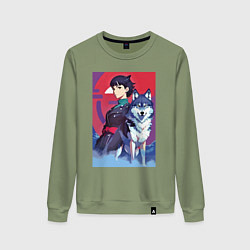Свитшот хлопковый женский Девочка со своим другом волком - аниме, цвет: авокадо