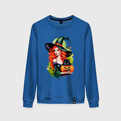 Свитшот хлопковый женский Рыжая ведьма с тыквой и черным котом, цвет: синий
