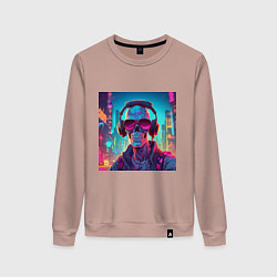 Свитшот хлопковый женский Скелет в больших очках и наушниках, цвет: пыльно-розовый