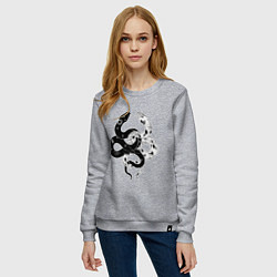 Свитшот хлопковый женский Змеи инь и янь - черное белое, цвет: меланж — фото 2