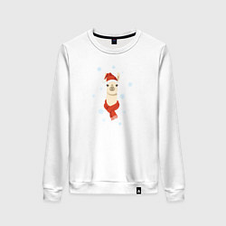 Свитшот хлопковый женский Лама в красной шляпе и шарфе, цвет: белый