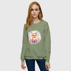 Свитшот хлопковый женский Милый большеухий лисенок сидит в цветах, цвет: авокадо — фото 2