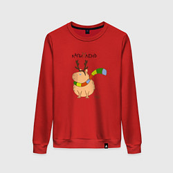 Свитшот хлопковый женский Капибара в рожках оленя, цвет: красный