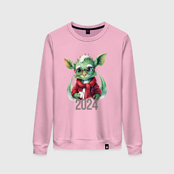 Свитшот хлопковый женский Дракончик с блокнотом и снегом на голове, цвет: светло-розовый