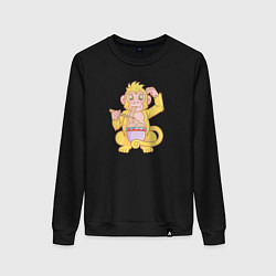 Свитшот хлопковый женский Обезьяна с лапшой, цвет: черный