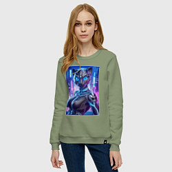 Свитшот хлопковый женский Cyber panter - ai art fantasy, цвет: авокадо — фото 2